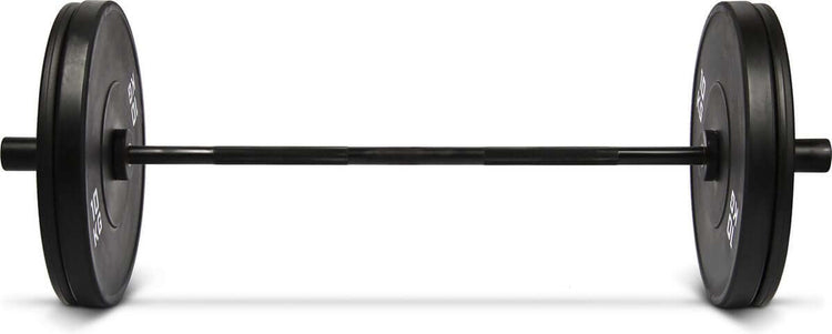 Gym Masters Langhantel-Set – 120 cm Langhantel + Lockjaw-Verschlüsse (50 mm) mit schwarzen Gewichten auf der Langhantel.