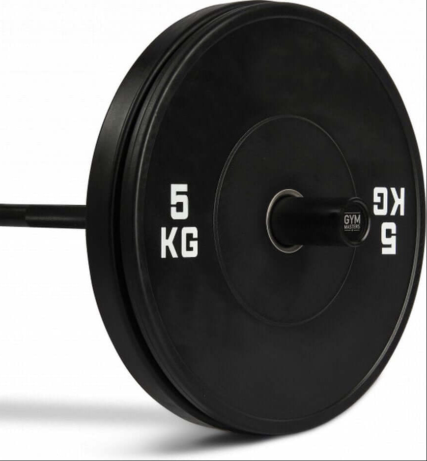 Gym Masters Langhantel- und Bumper Plates Set – 120 cm Stange + 1,25 / 2,5 / 5 / 10 kg (pro Paar) mit 5 kg Bumper Plate.