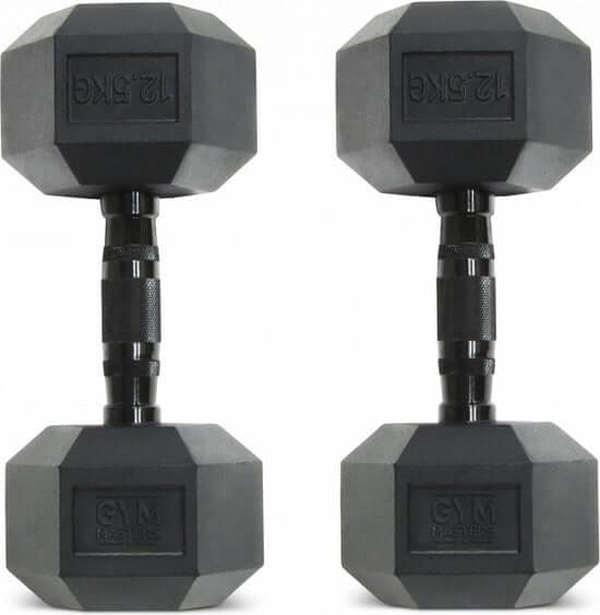 Hexa Kurzhantel-Set 105 kg Schwarz + Kurzhantelständer (2,5 bis 15 kg) mit schwarzen sechseckigen Kurzhanteln von 12,5 kg.