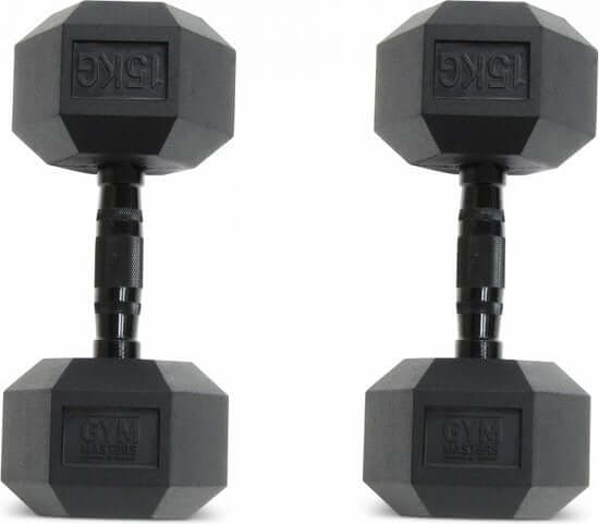 Hexa Kurzhantel-Set 105 kg Schwarz + Kurzhantelständer (2,5 bis 15 kg) - Schwarze sechseckige Kurzhanteln mit einem Gewicht von 15 kg.