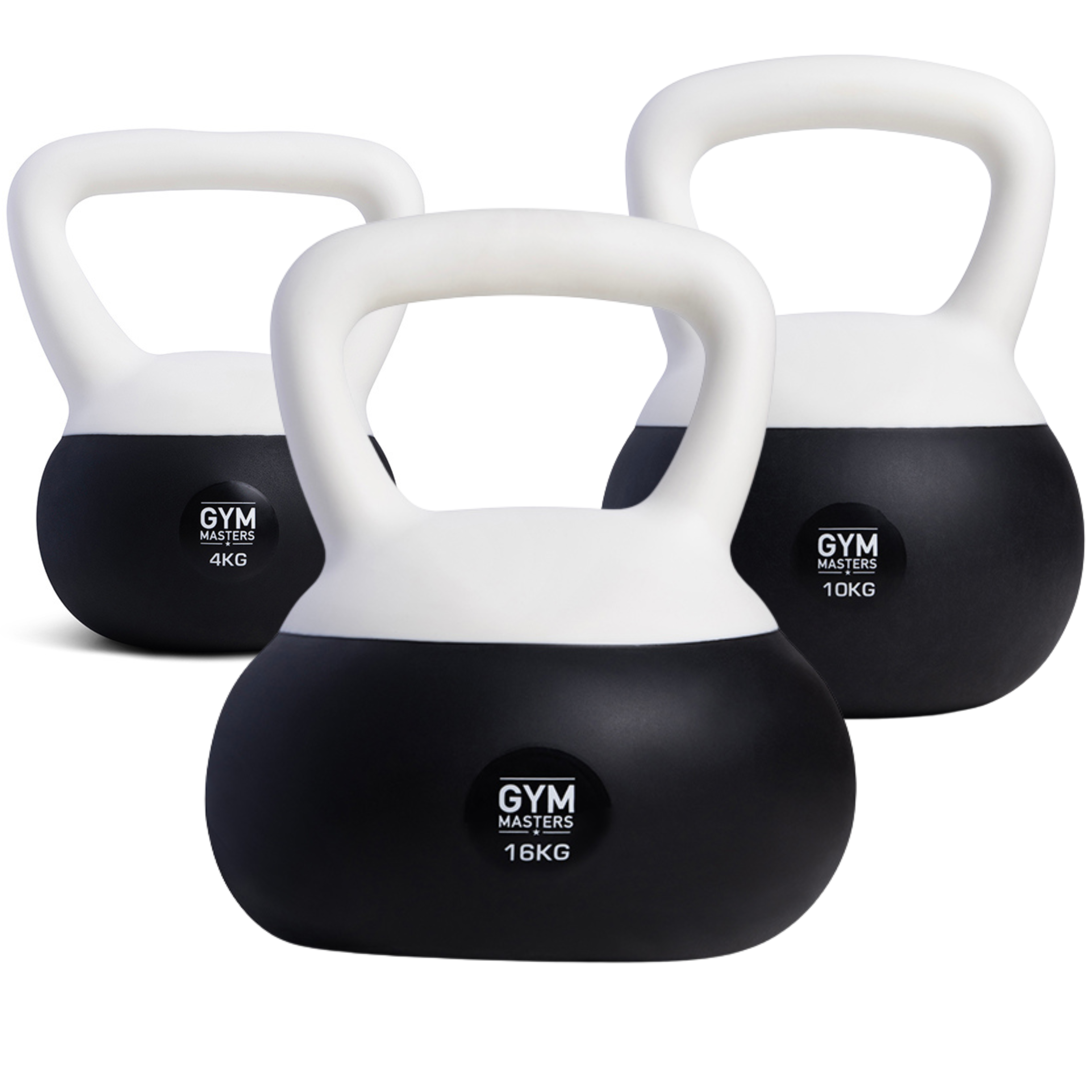 Weiches Kettlebell-Set 3 Stück (4 kg & 10 kg & 16 kg) von Gym Masters in Schwarz und Weiß.