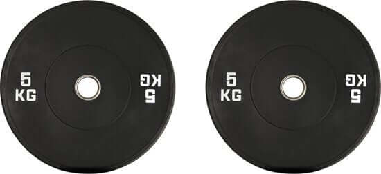 Set aus zwei 5-kg-Bumper Plates für die Gym Masters Tib Bar, ideal für Krafttraining und Stabilitätsübungen.