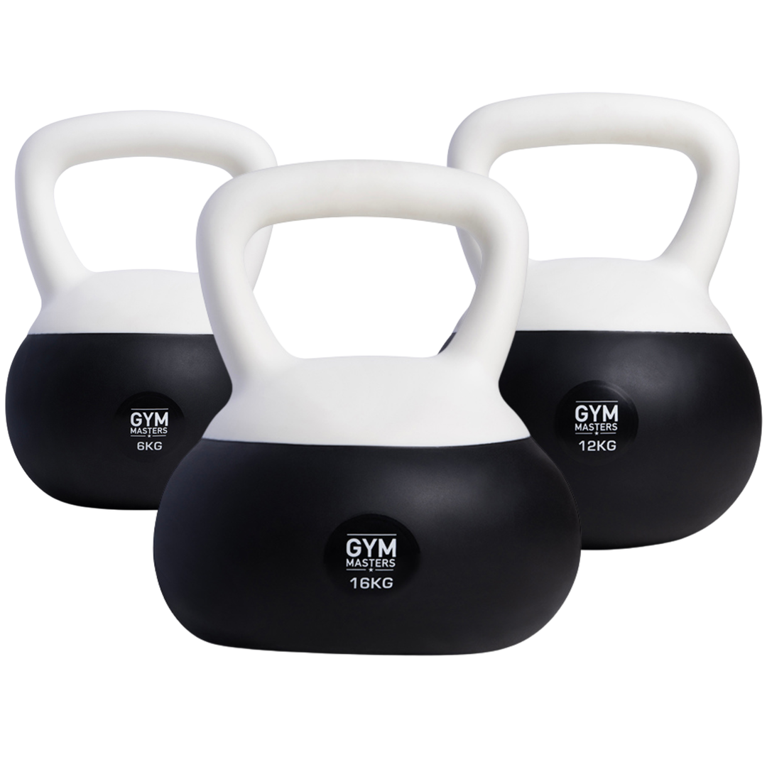 Weiches Kettlebell-Set 3 Stück (6 kg & 12 kg & 16 kg) in Schwarz-Weiß, perfekt für Krafttraining.
