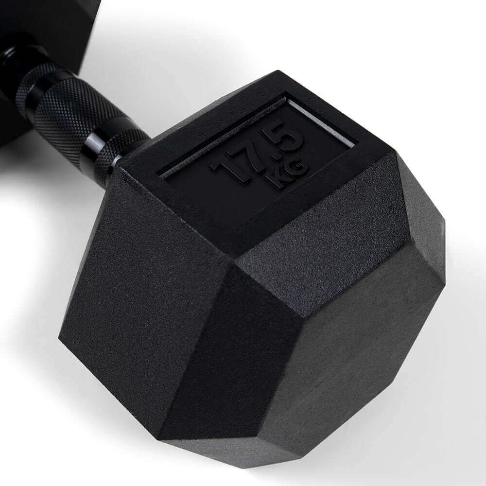 Hexa-Dumbbell 17,5 kg (1 Stück) mit schwarzer Oberfläche und sechseckiger Form, ideal für Krafttraining.