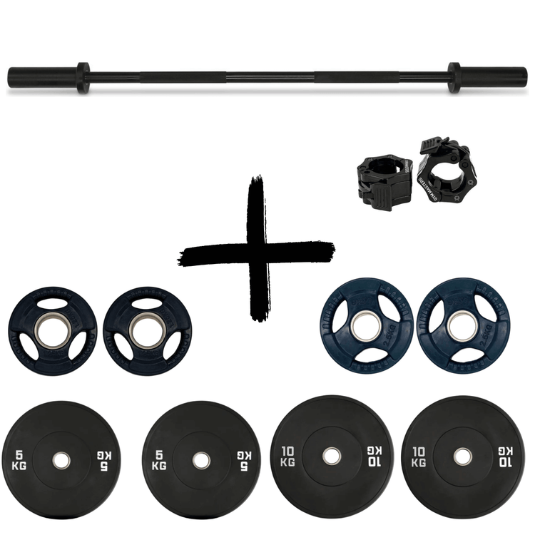 Gym Masters Langhantel- und Bumper Plates Set – 120 cm Stange + 1,25 / 2,5 / 5 / 10 kg (pro Paar) mit Gewichten und Klemmen