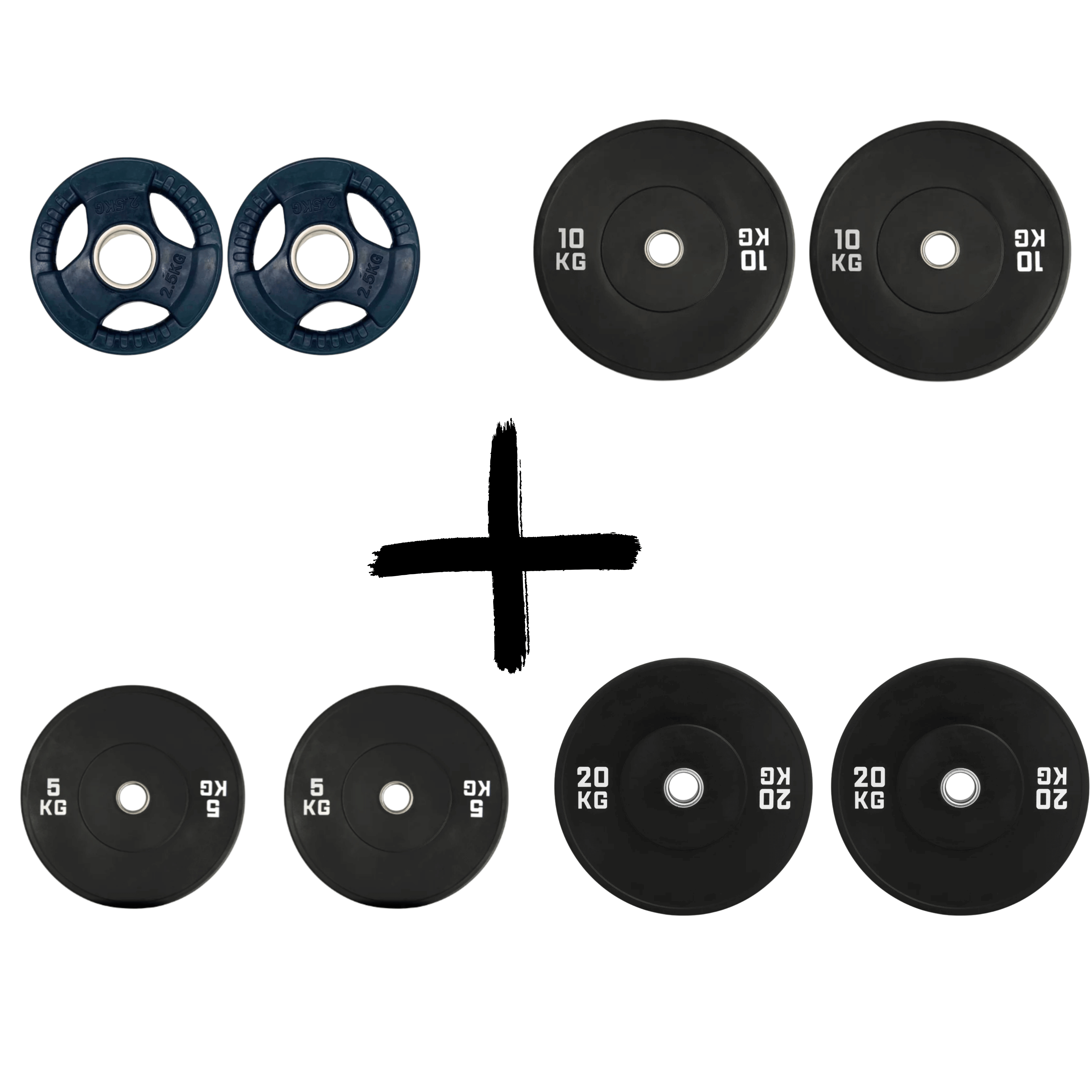 Komplettes Gym Masters Bumper Plate Set, enthält Gewichte: 2×2,5kg, 2×5kg, 2×10kg, 2×20kg für effektives Krafttraining.