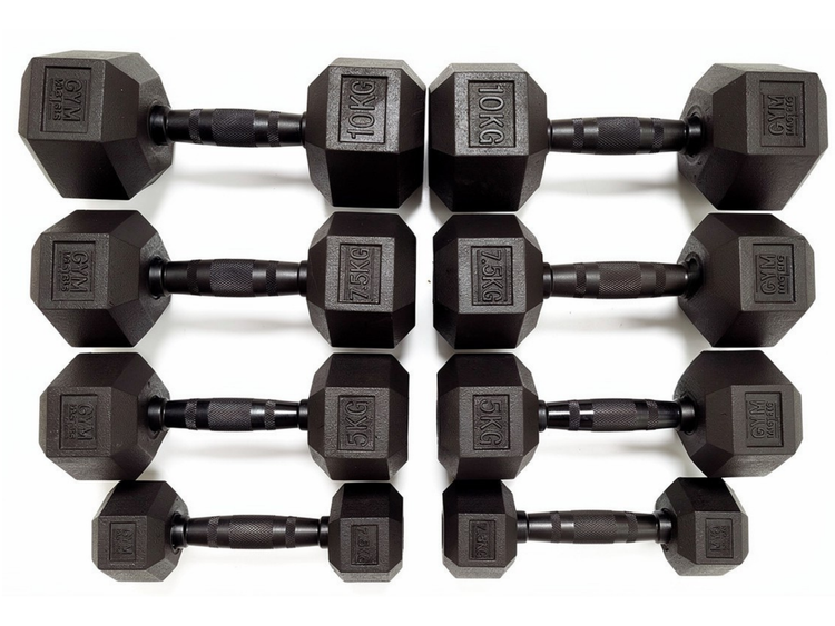 Hexa Kurzhantel-Set – 45 kg (2x2,5 kg / 2x5 kg / 2x7,5 kg / 2x10 kg) in kompakter Anordnung.