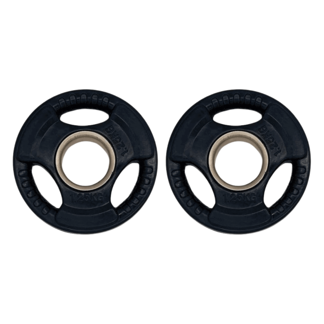 Set aus 2 schwarzen 1,25-kg-Bumper Plates für das Gym Masters Tib Bar Set, ideal für Krafttraining und Stabilitätsübungen.