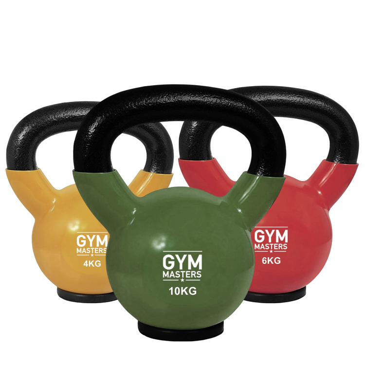 Gym Masters Kettlebell Set 4–6–10 KG - Vinyl in premium colors with rubberen voet features.