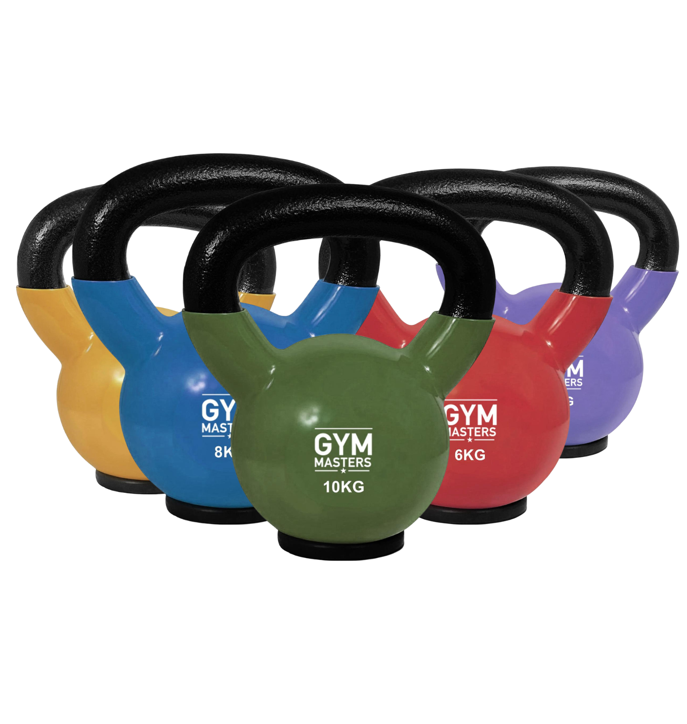 Gym Masters Kettlebell Set 2–4–6 - 8 - 10 KG – Vinyl with premium colors and rubberen voet for effective strength training.