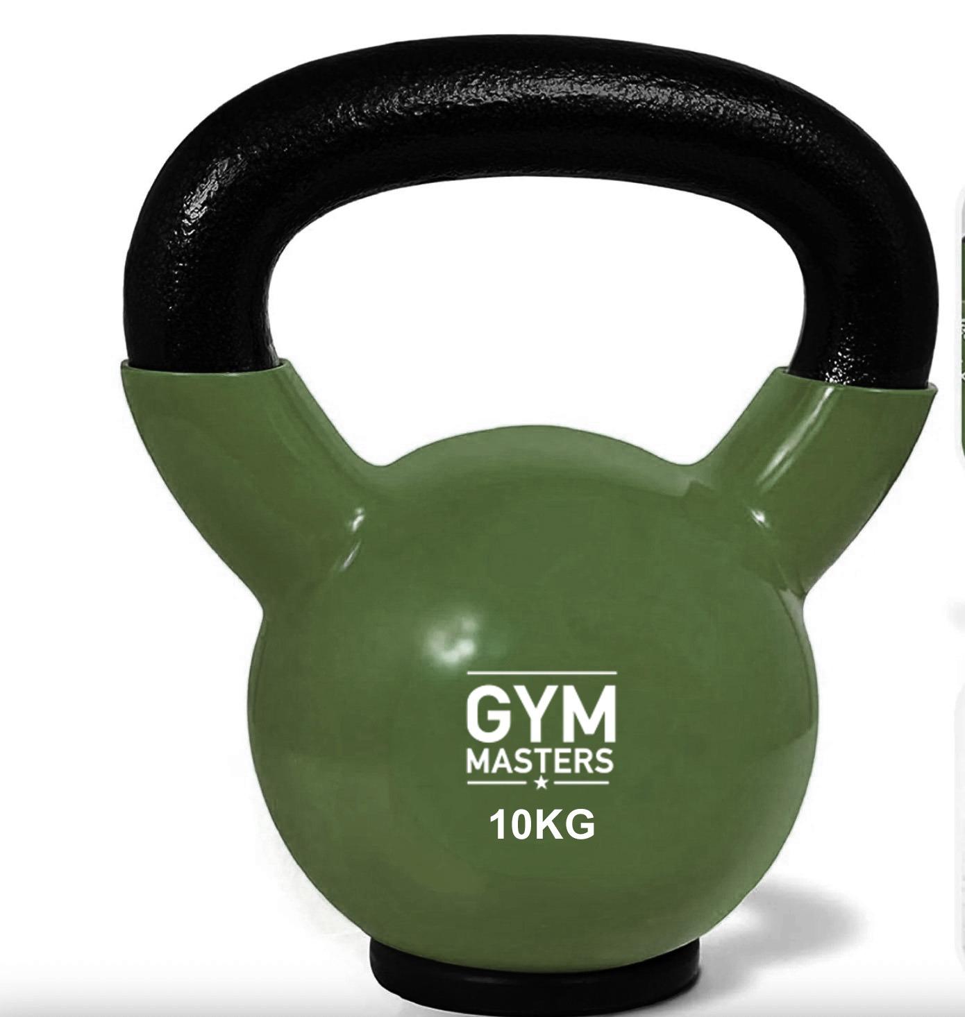 Vinyl kettlebell 10 kg in diep bosgroen met rubberen voet voor maximale stabiliteit en premium kleuren.