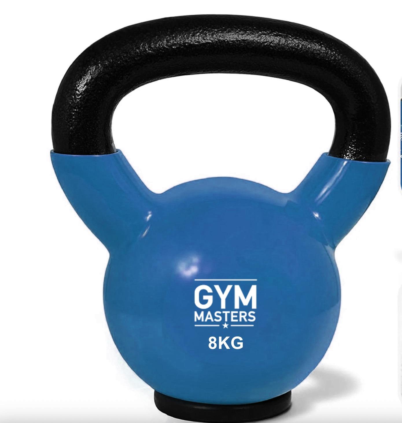 Vinyl kettlebell 8 kg in staalblauw met rubberen voet voor optimale grip en stabiliteit tijdens trainingen.