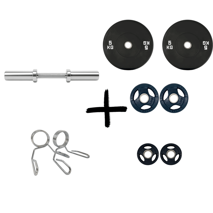 Gym Masters Kurzhantel-Set mit 1,25 kg, 2,5 kg und 5 kg Griffscheiben, einer stabilen Stange und Federklemmen für effektives Training.